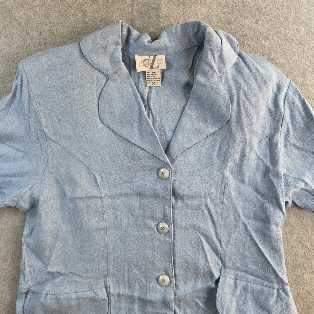 Club Z Button Down Top Womens Medium Light Blue Linen Blend Vintage Short Sleeve